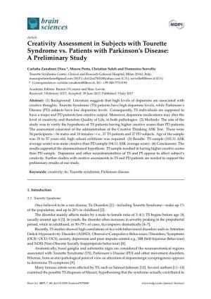 Creativity Assessment in Subjects with Tourette Syndrome Vs. Patients with Parkinson’S Disease: a Preliminary Study