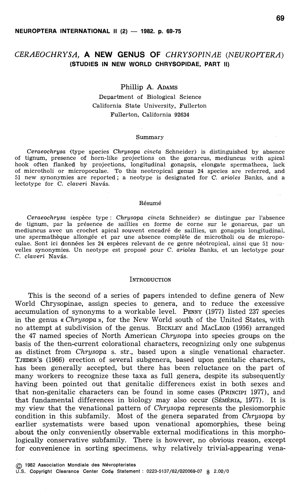 Ceraeochrysa, a New Genus of Chrysopinae (Neuroptera) (Studies in New World Chrysopidae, Part Ii)