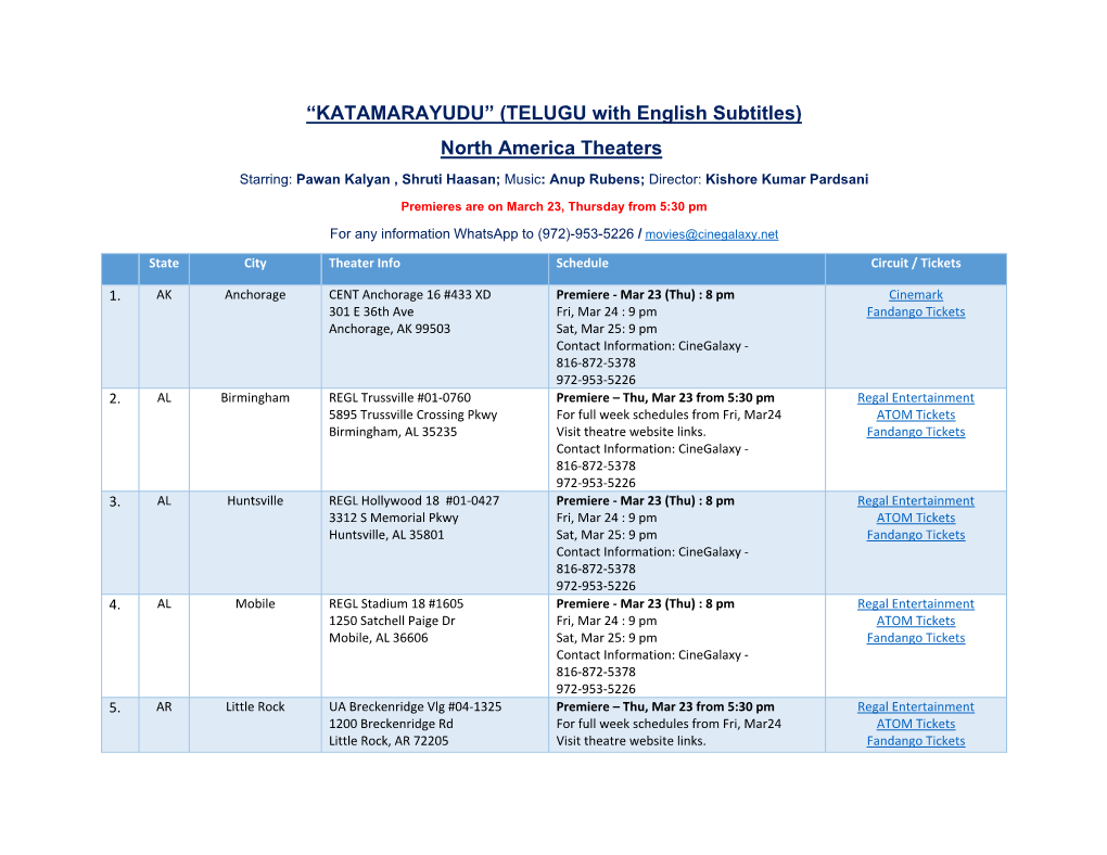 KATAMARAYUDU” (TELUGU with English Subtitles) North America Theaters