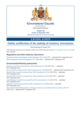 Government Gazette of the STATE of NEW SOUTH WALES Number 88 Friday, 9 September 2011 Published Under Authority by Government Advertising