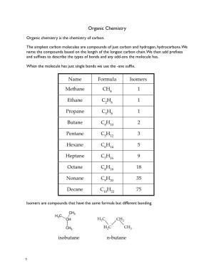 Organic Chemistry Name Formula Isomers Methane CH 1 Ethane C H