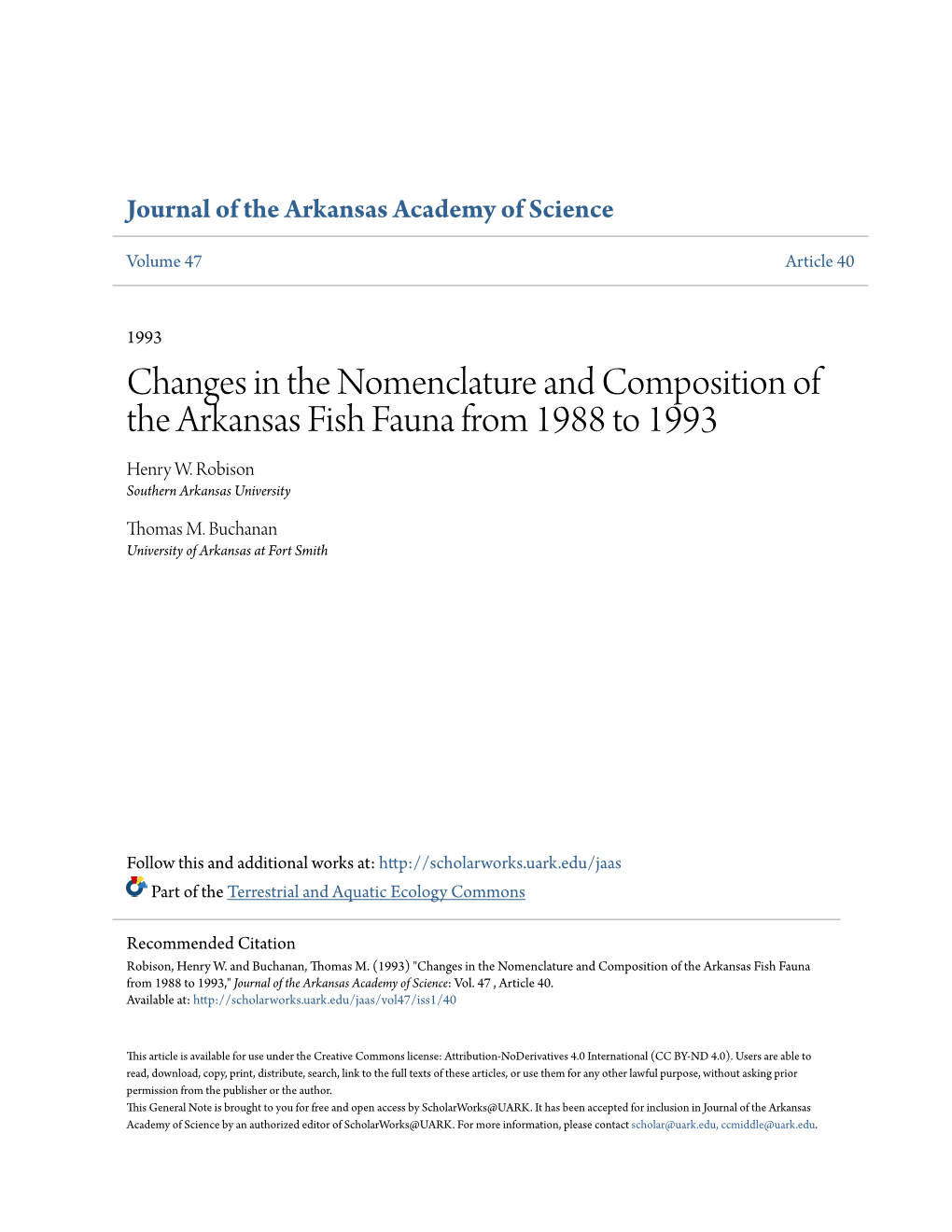 Changes in the Nomenclature and Composition of the Arkansas Fish Fauna from 1988 to 1993 Henry W