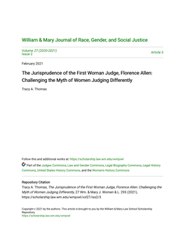 The Jurisprudence of the First Woman Judge, Florence Allen: Challenging the Myth of Women Judging Differently