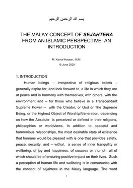 ميحرلا نمحرلا الله مسب the Malay Concept of Sejahtera from an Islamic