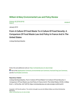 From a Culture of Food Waste to a Culture of Food Security: a Comparison of Food Waste Law and Policy in France and in the United States
