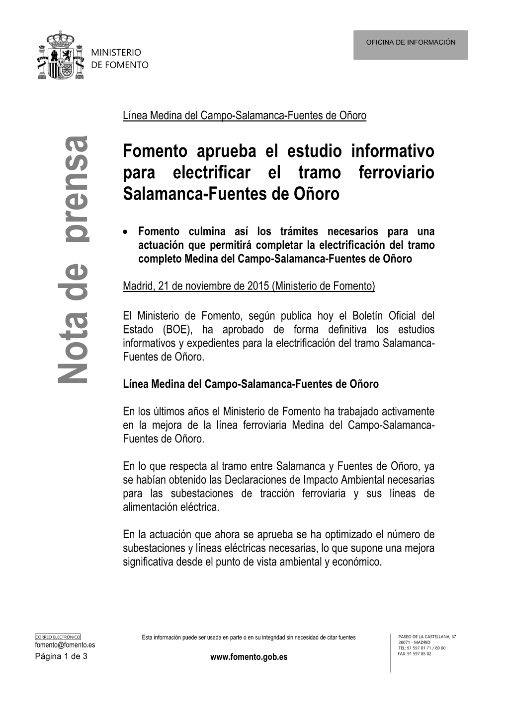 Fomento Aprueba El Estudio Informativo Para Electrificar El Tramo Ferroviario Salamanca-Fuentes De Oñoro