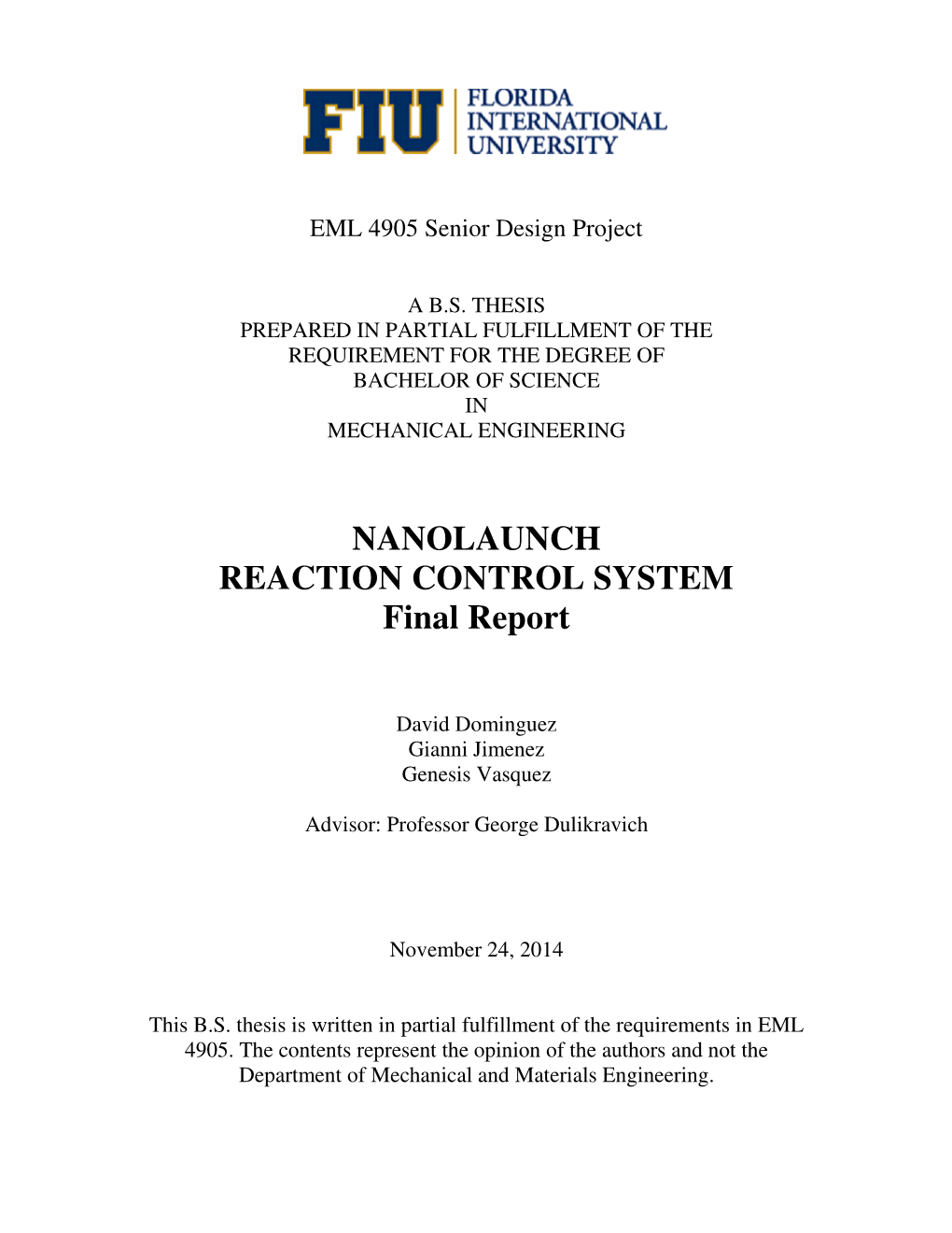 NANOLAUNCH REACTION CONTROL SYSTEM Final Report