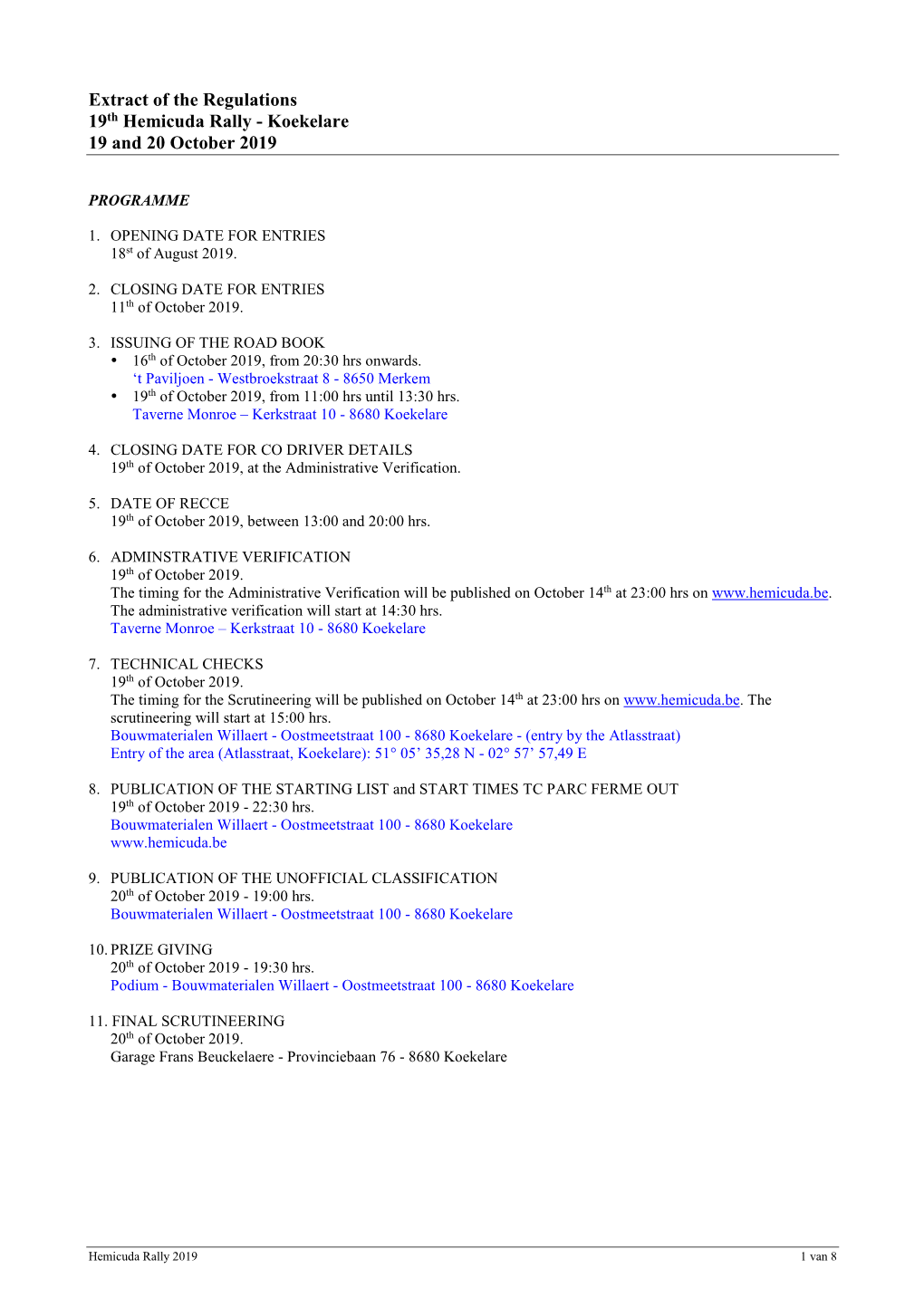 Extract of the Regulations 19Th Hemicuda Rally - Koekelare 19 and 20 October 2019