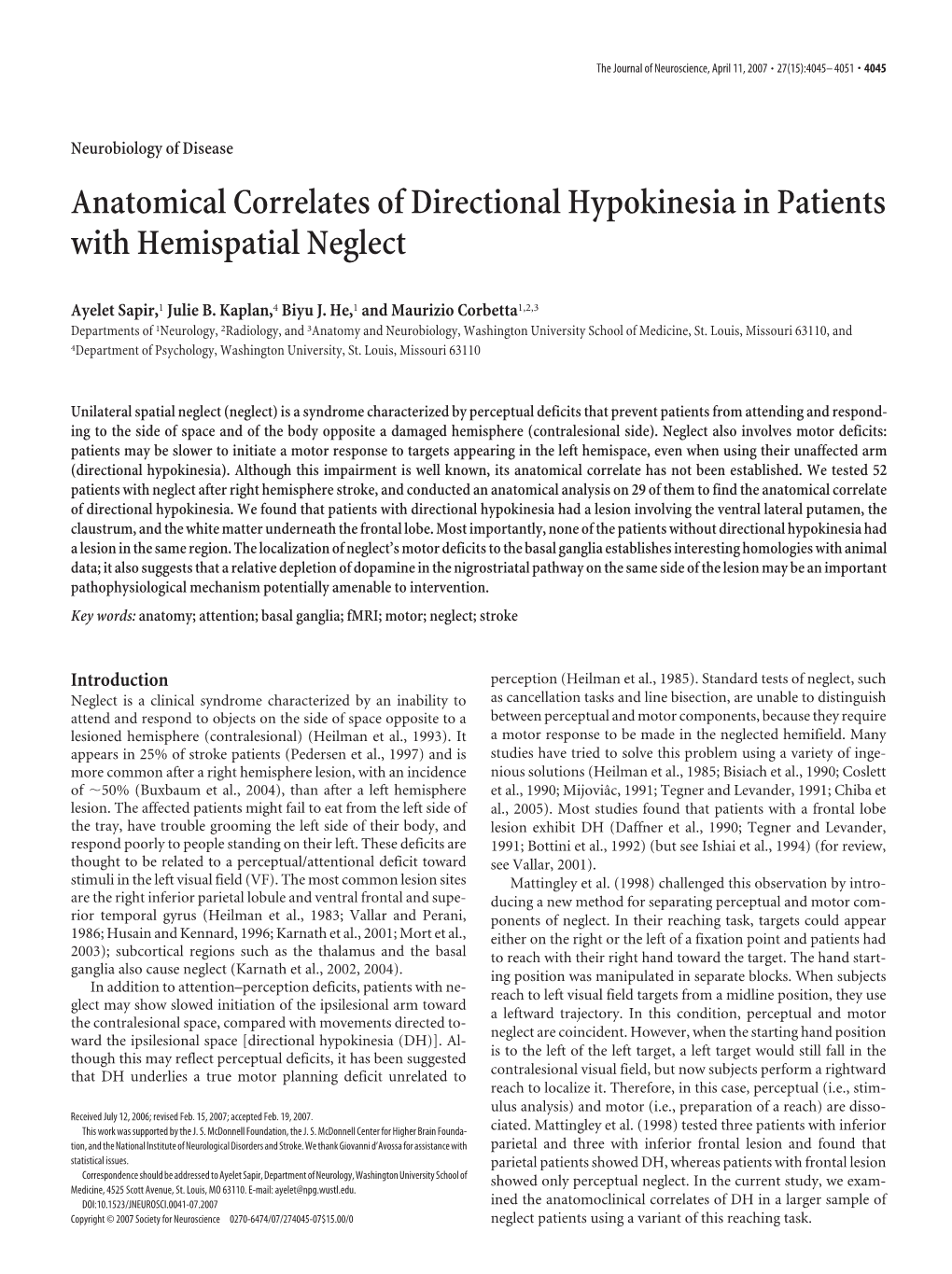 Anatomical Correlates of Directional Hypokinesia in Patients with Hemispatial Neglect