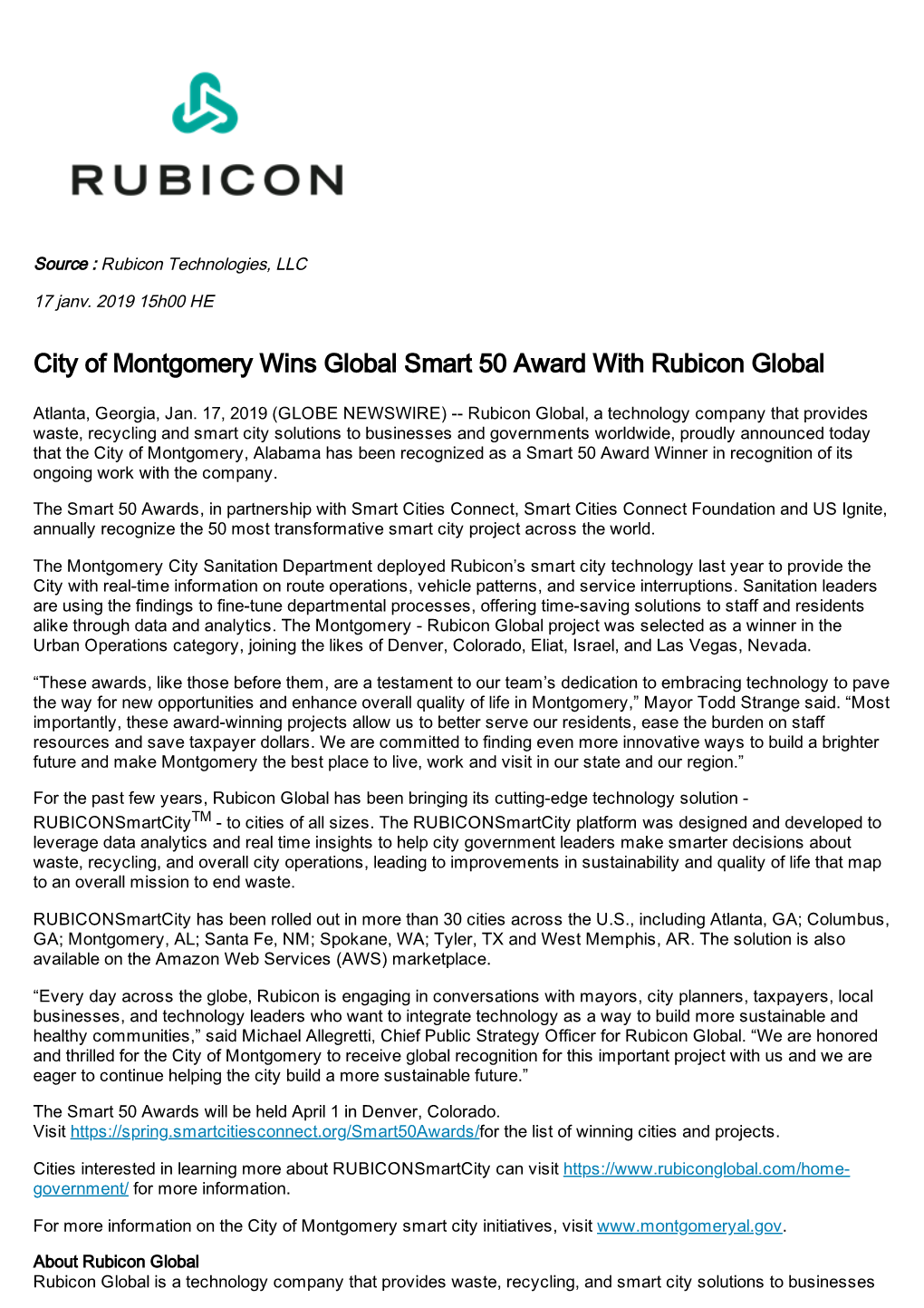 City of Montgomery Wins Global Smart 50 Award with Rubicon Global