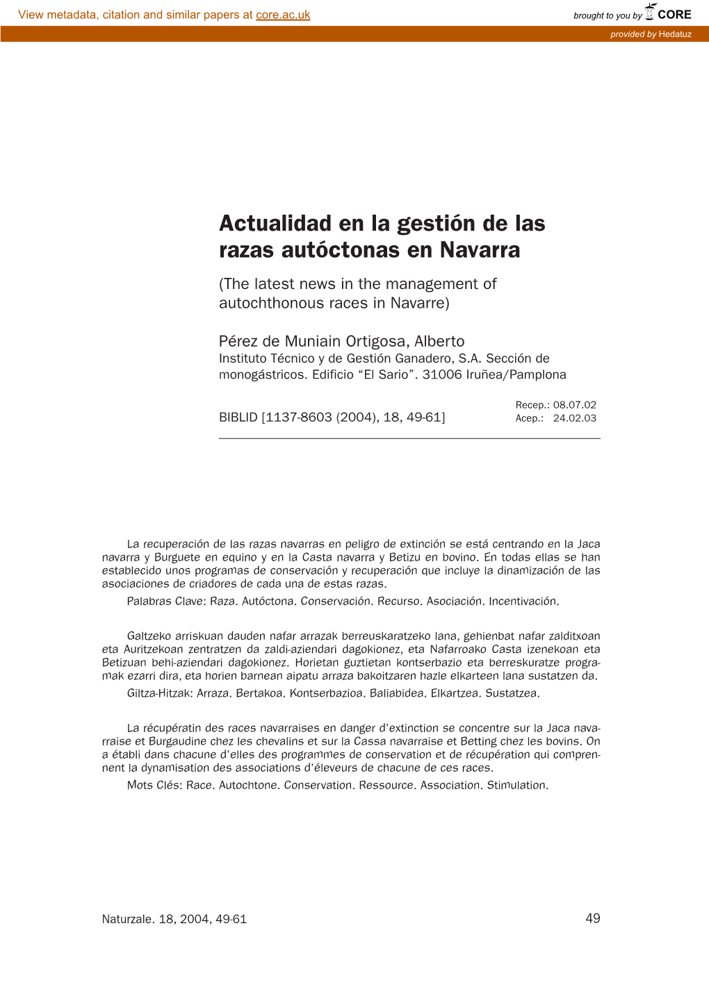 Actualidad En La Gestión De Las Razas Autóctonas En Navarra (The Latest News in the Management of Autochthonous Races in Navarre)