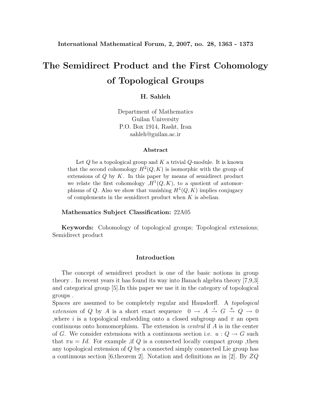 The Semidirect Product and the First Cohomology of Topological Groups