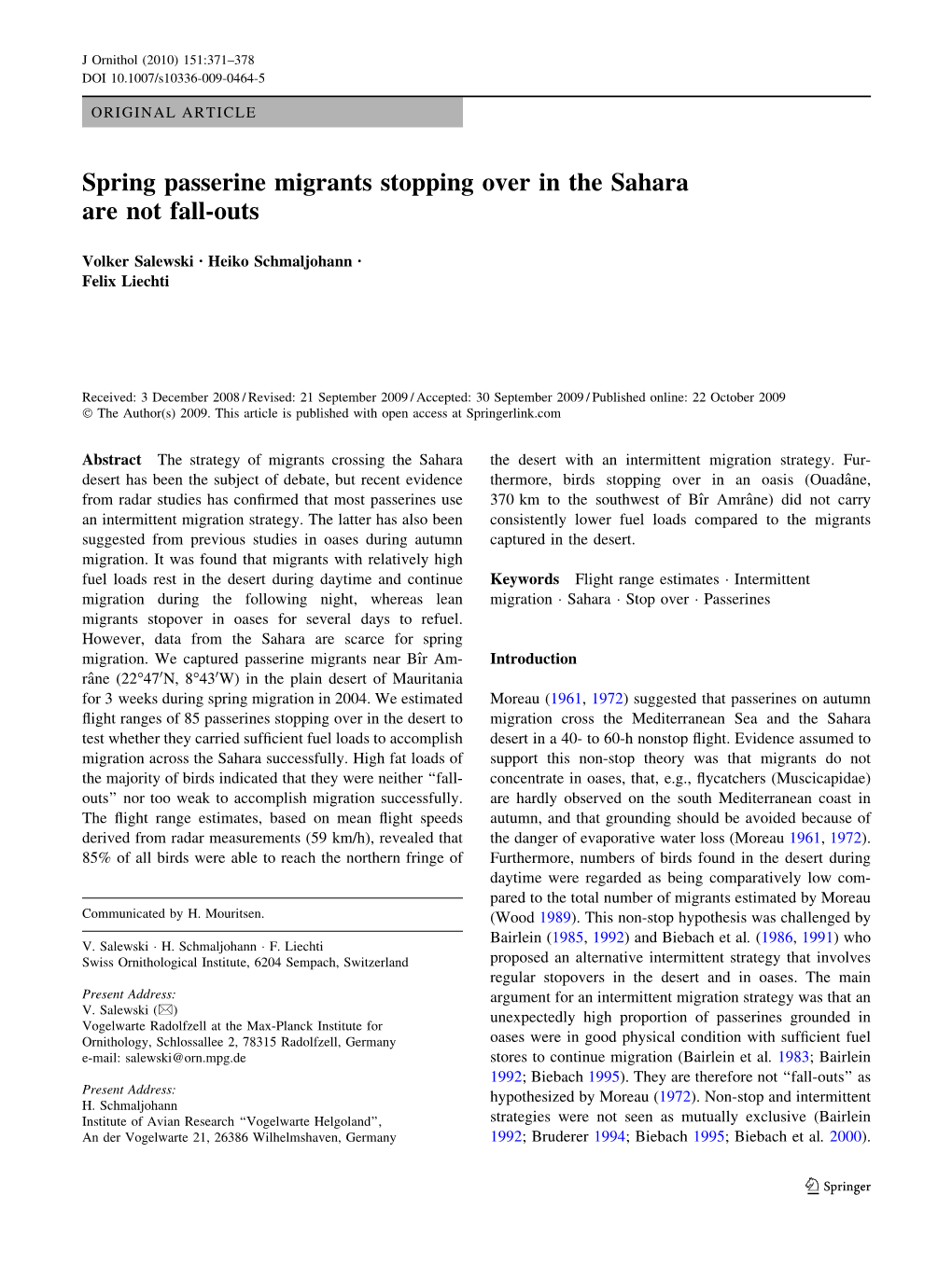 Spring Passerine Migrants Stopping Over in the Sahara Are Not Fall-Outs