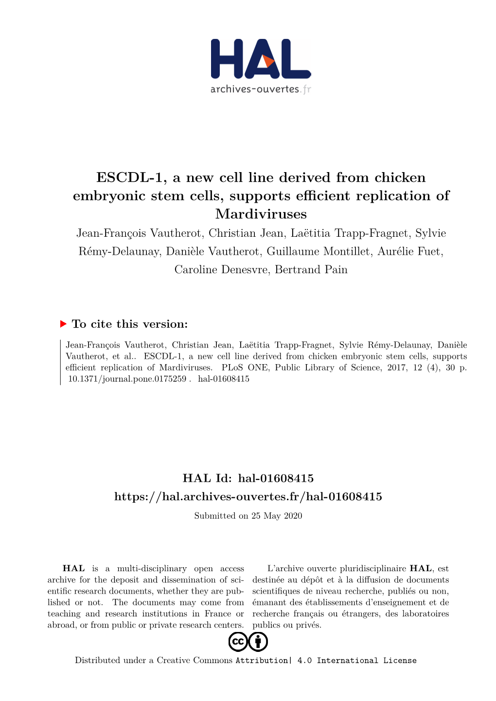 ESCDL-1, a New Cell Line Derived from Chicken Embryonic Stem Cells