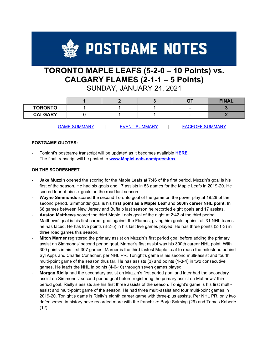 TORONTO MAPLE LEAFS (5-2-0 – 10 Points) Vs. CALGARY FLAMES (2-1-1 – 5 Points) SUNDAY, JANUARY 24, 2021