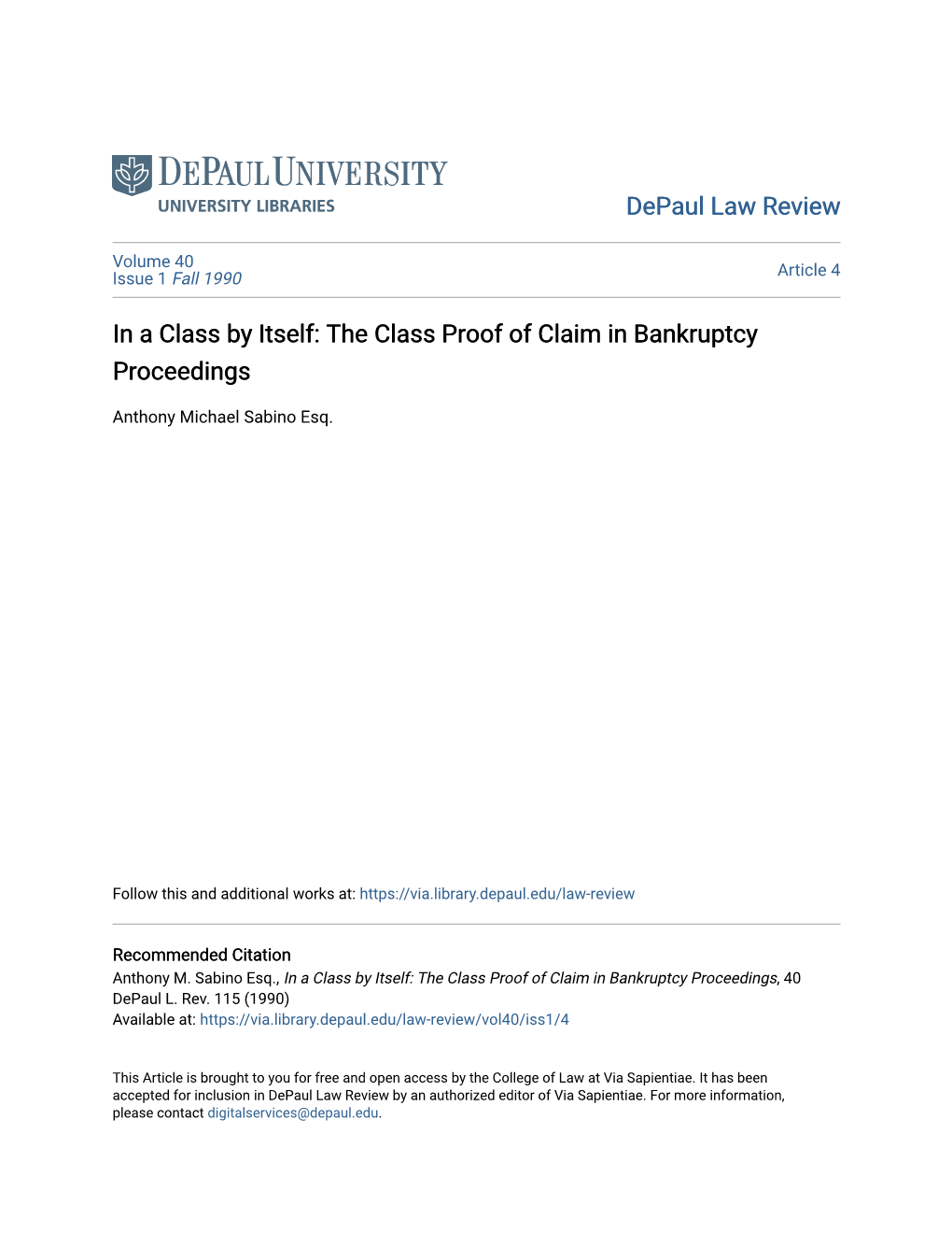 The Class Proof of Claim in Bankruptcy Proceedings