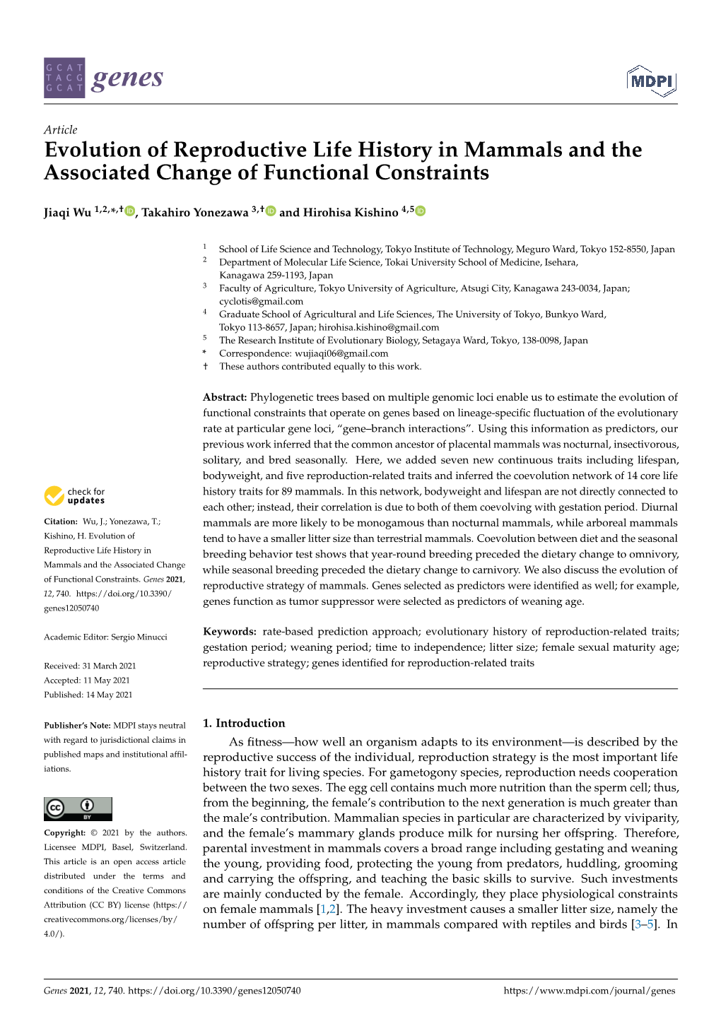 Evolution of Reproductive Life History in Mammals and the Associated Change of Functional Constraints