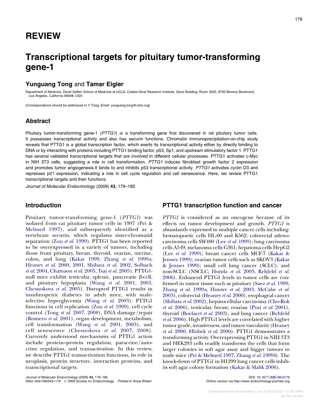 REVIEW Transcriptional Targets for Pituitary Tumor-Transforming Gene-1