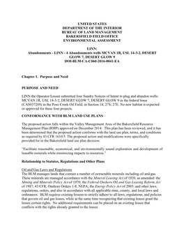 UNITED STATES DEPARTMENT of the INTERIOR BUREAU of LAND MANAGEMENT BAKERSFIELD FIELD OFFICE ENVIRONMENTAL ASSESSMENT LINN: Aband