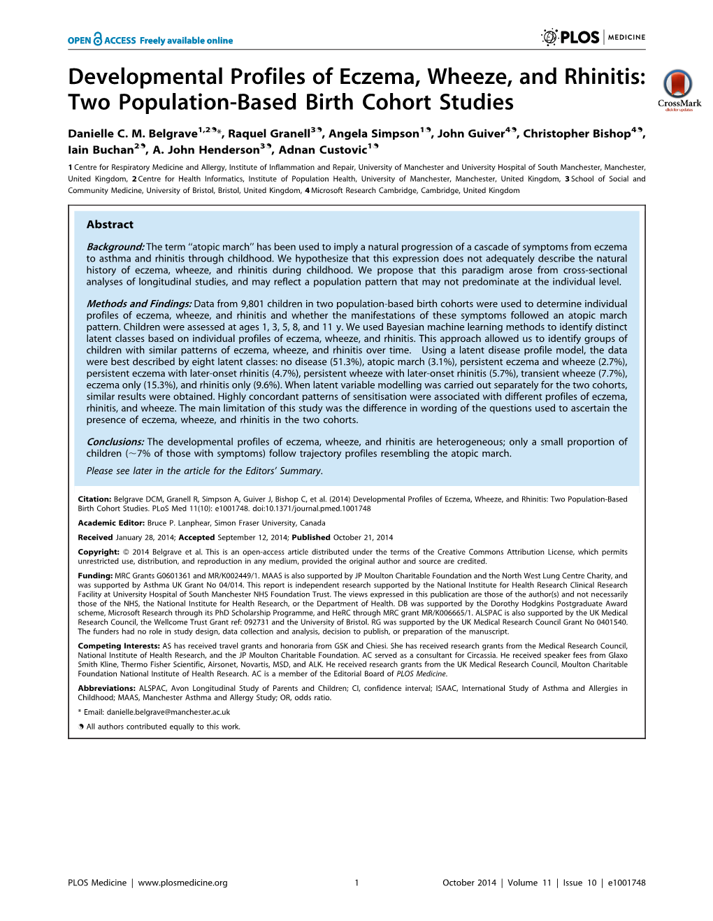 Developmental Profiles of Eczema, Wheeze, and Rhinitis: Two Population-Based Birth Cohort Studies