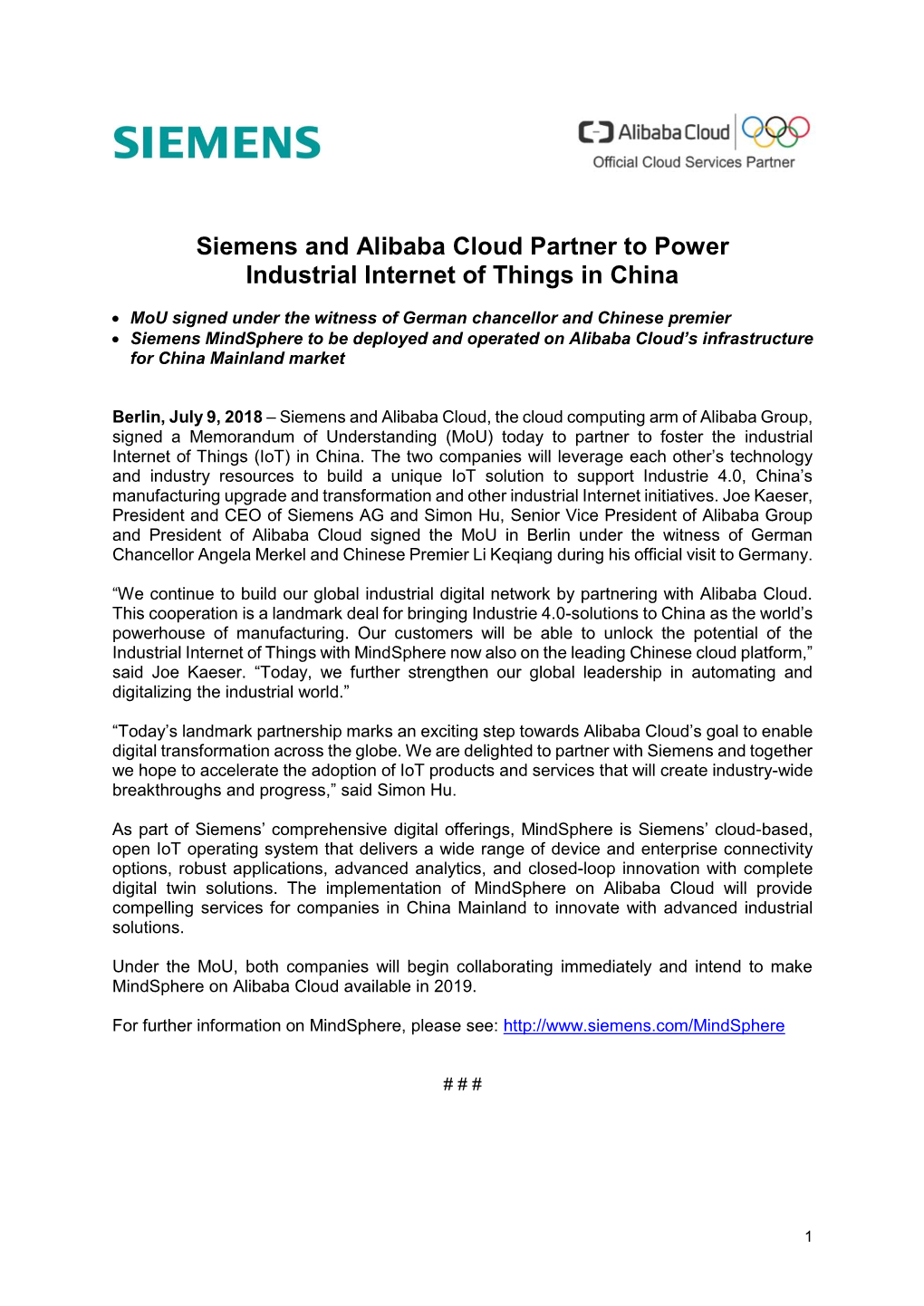 Siemens and Alibaba Cloud Partner to Power Industrial Internet of Things in China