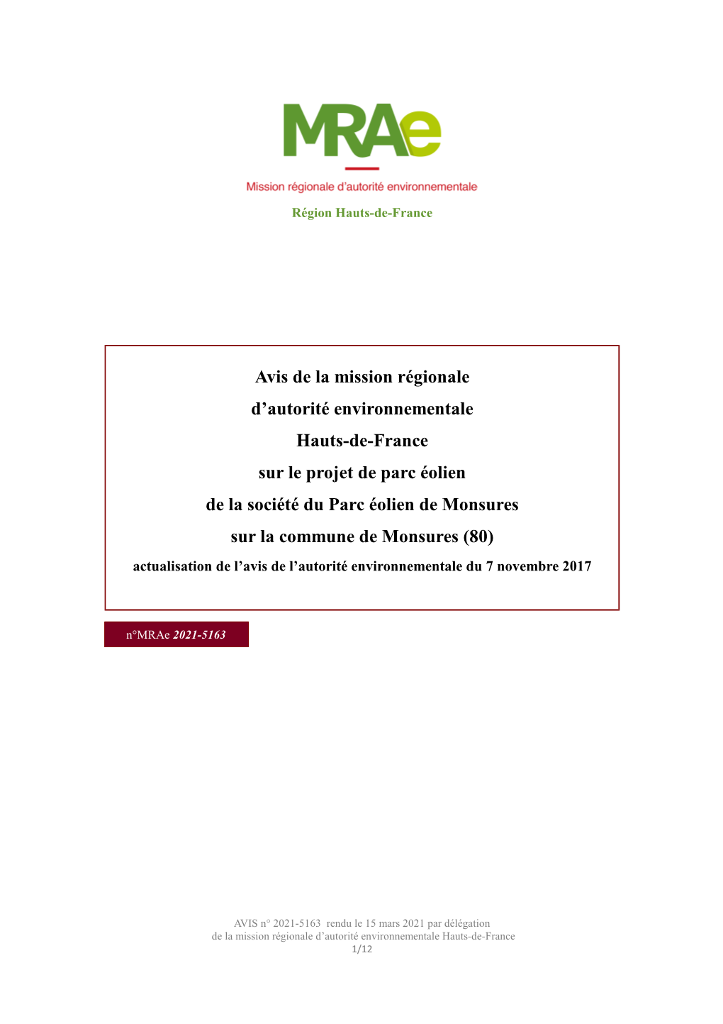 Avis De La Mission Régionale D'autorité Environnementale Hauts-De-France Sur Le Projet De Parc Éolien De La Société Du Pa