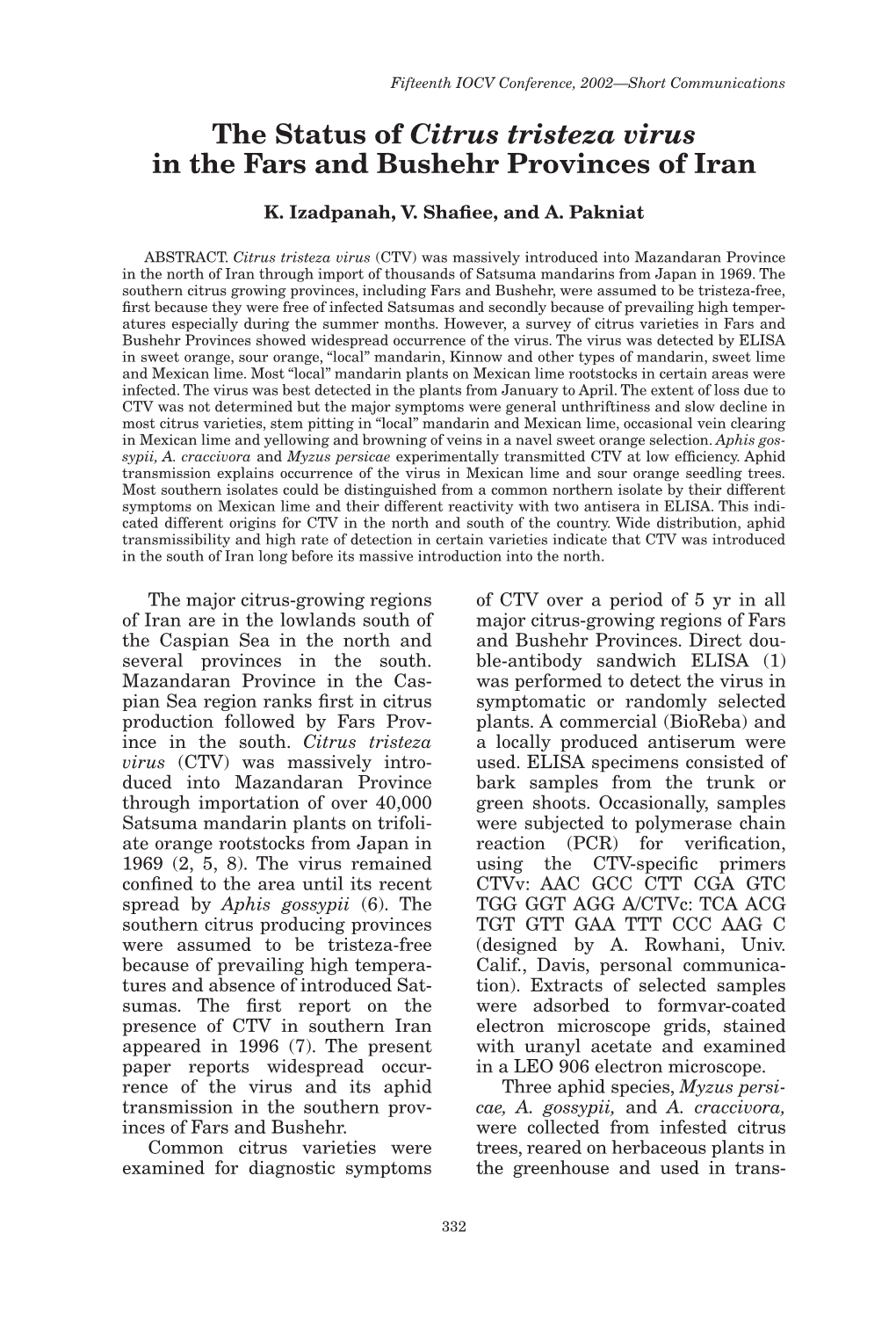 The Status of Citrus Tristeza Virus in the Fars and Bushehr Provinces of Iran