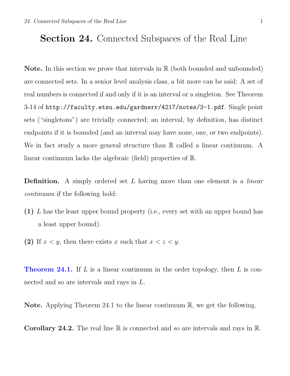 Section 24. Connected Subspaces of the Real Line