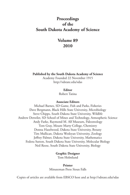 Proceedings of the South Dakota Academy of Science Volume 89 2010