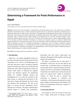 Determining a Framework for Ports Performance in Egypt