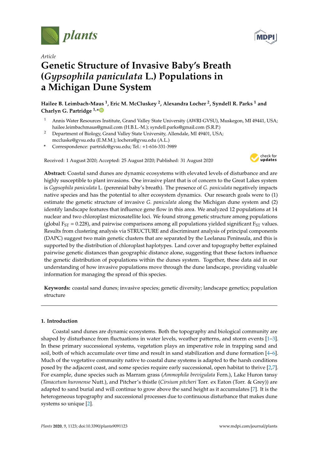 Genetic Structure of Invasive Baby's Breath (Gypsophila Paniculata L