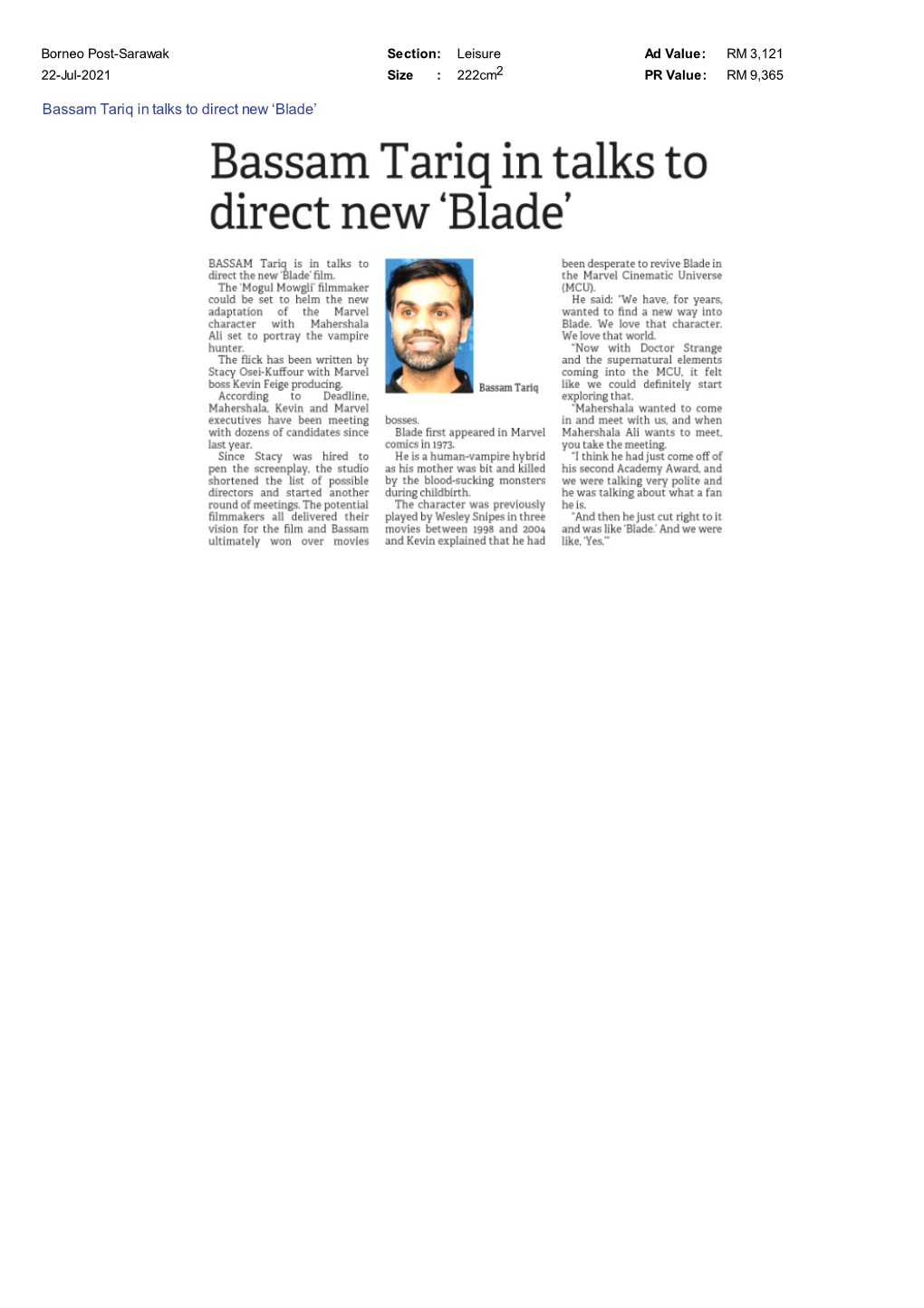 Borneo Post-Sarawak Bassam Tariq in Talks to Direct New 'Blade'