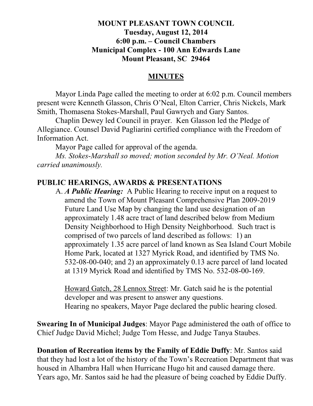 MOUNT PLEASANT TOWN COUNCIL Tuesday, August 12, 2014 6:00 Pm