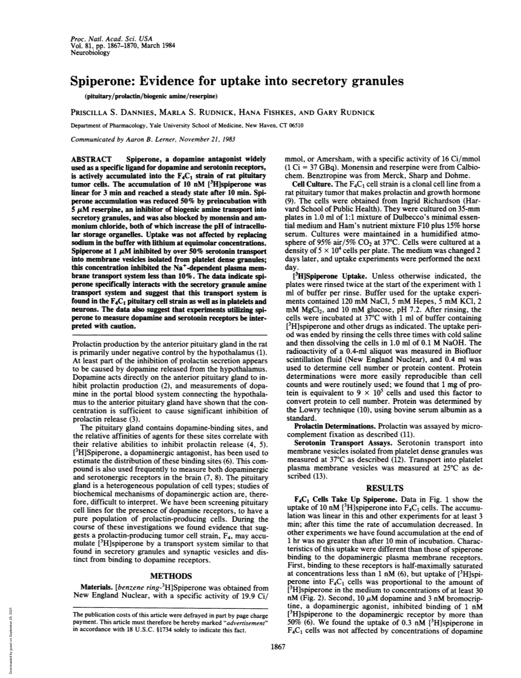 Spiperone: Evidence for Uptake Into Secretory Granules (Pituitary/Prolactin/Biogenic Amine/Reserpine) PRISCILLA S