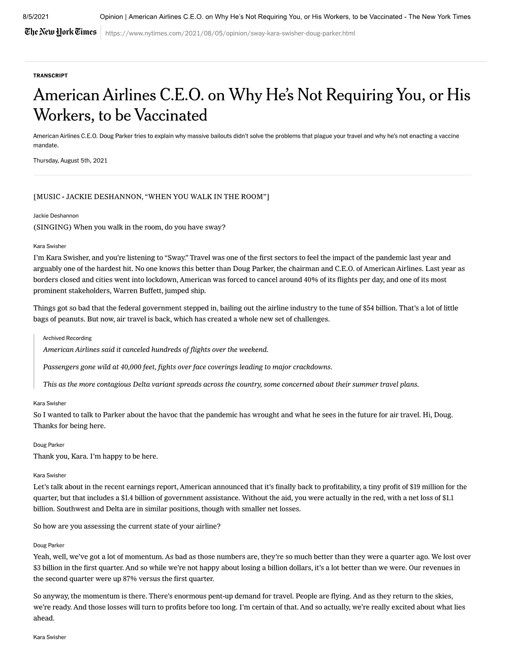American Airlines C.E.O. on Why He's Not Requiring You, Or His Workers, to Be Vaccinated