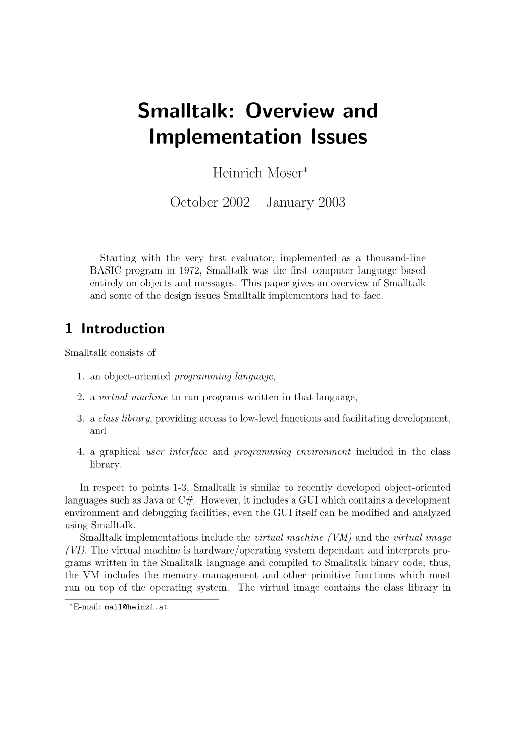 Smalltalk: Overview and Implementation Issues