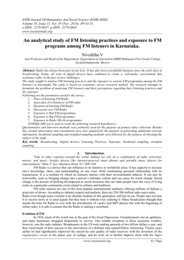 An Analytical Study of FM Listening Practices and Exposure to FM Programs Among FM Listeners in Karnataka