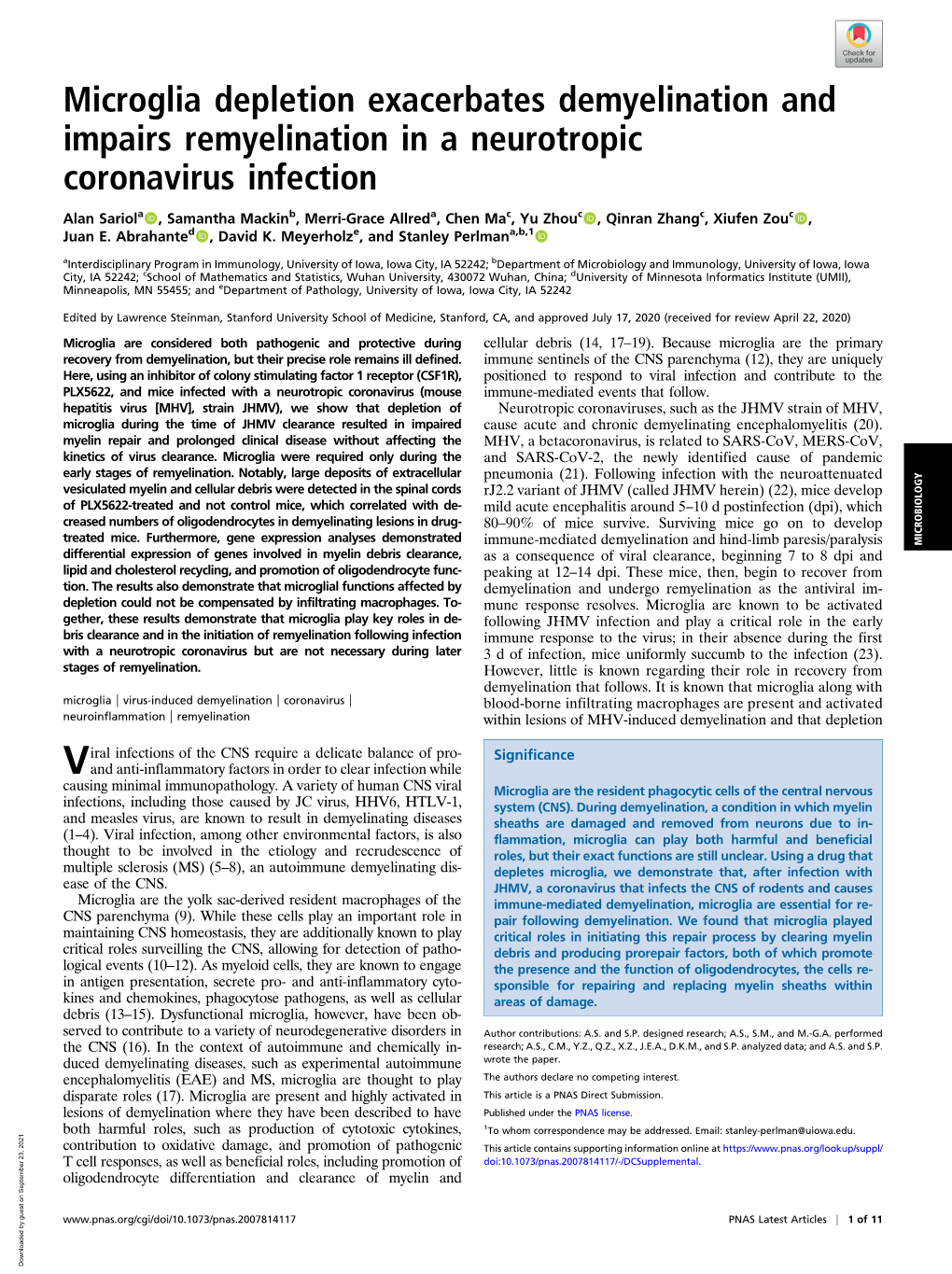 Microglia Depletion Exacerbates Demyelination and Impairs Remyelination in a Neurotropic Coronavirus Infection