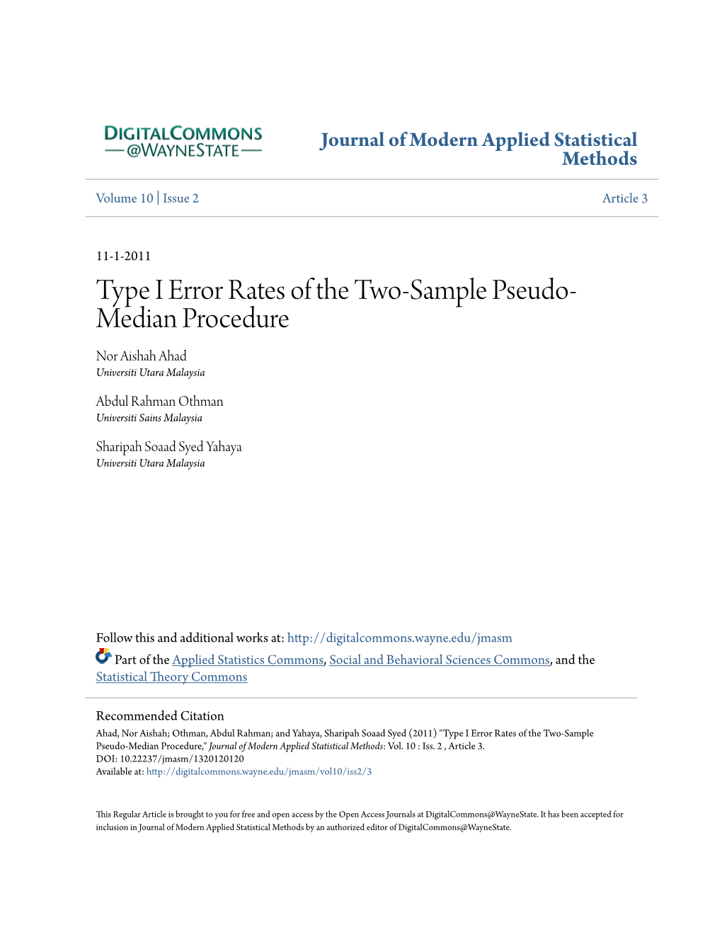 Type I Error Rates of the Two-Sample Pseudo-Median Procedure," Journal of Modern Applied Statistical Methods: Vol