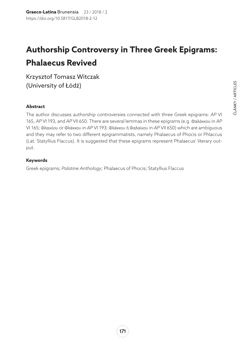 Authorship Controversy in Three Greek Epigrams: Phalaecus Revived