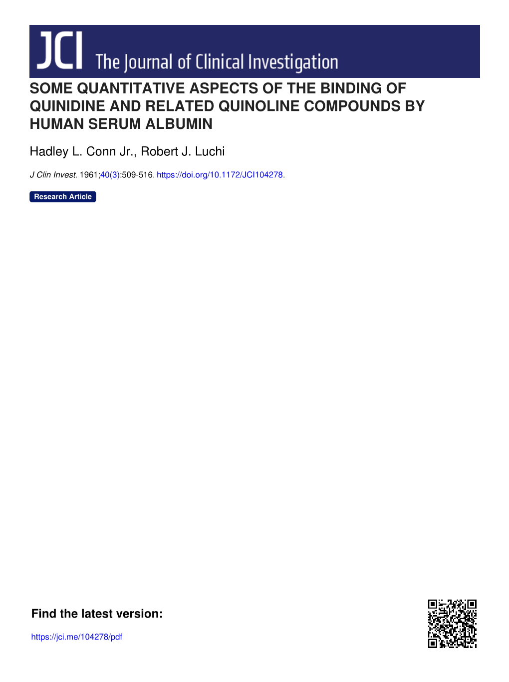 Some Quantitative Aspects of the Binding of Quinidine and Related Quinoline Compounds by Human Serum Albumin