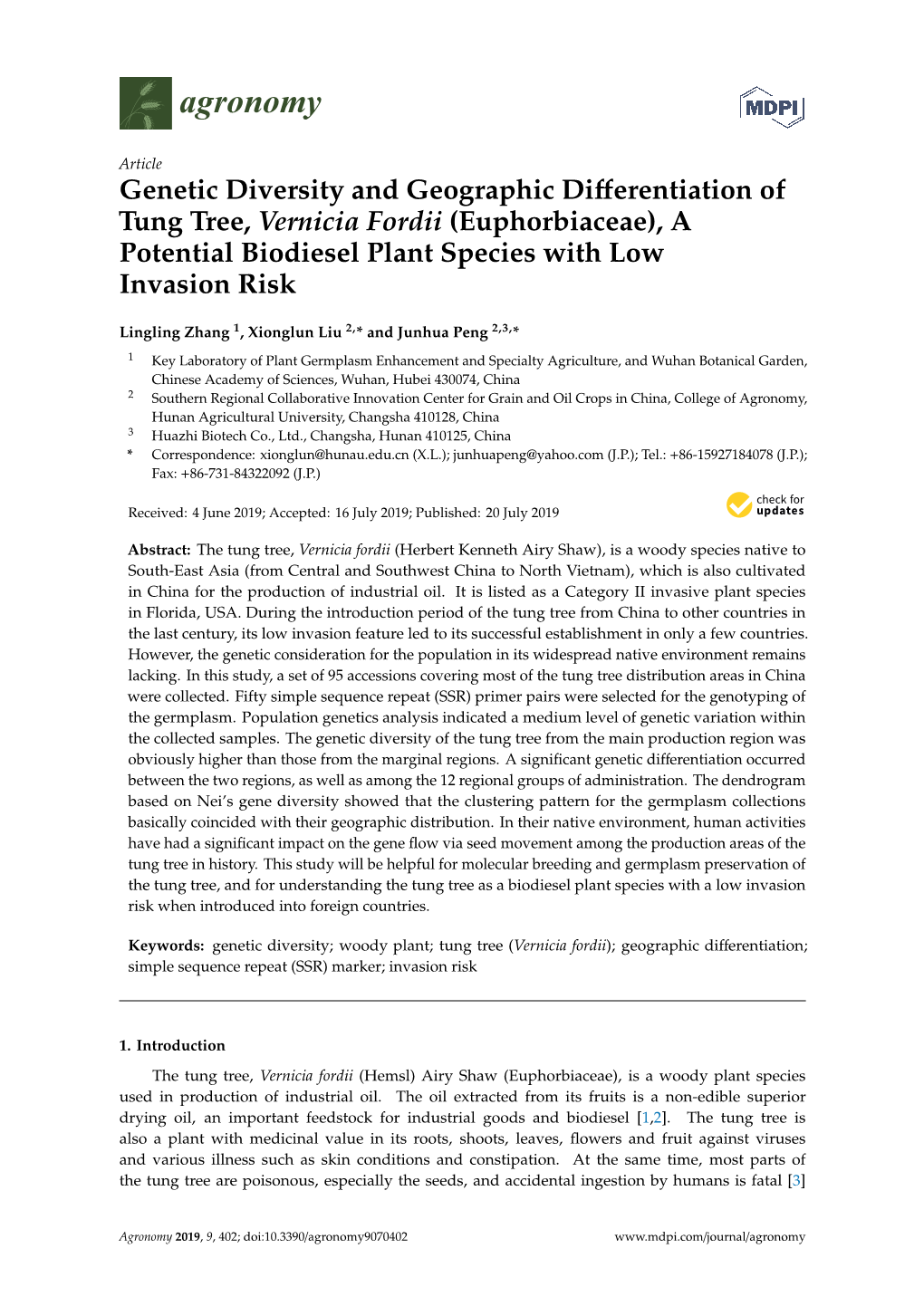 Genetic Diversity and Geographic Differentiation of Tung Tree