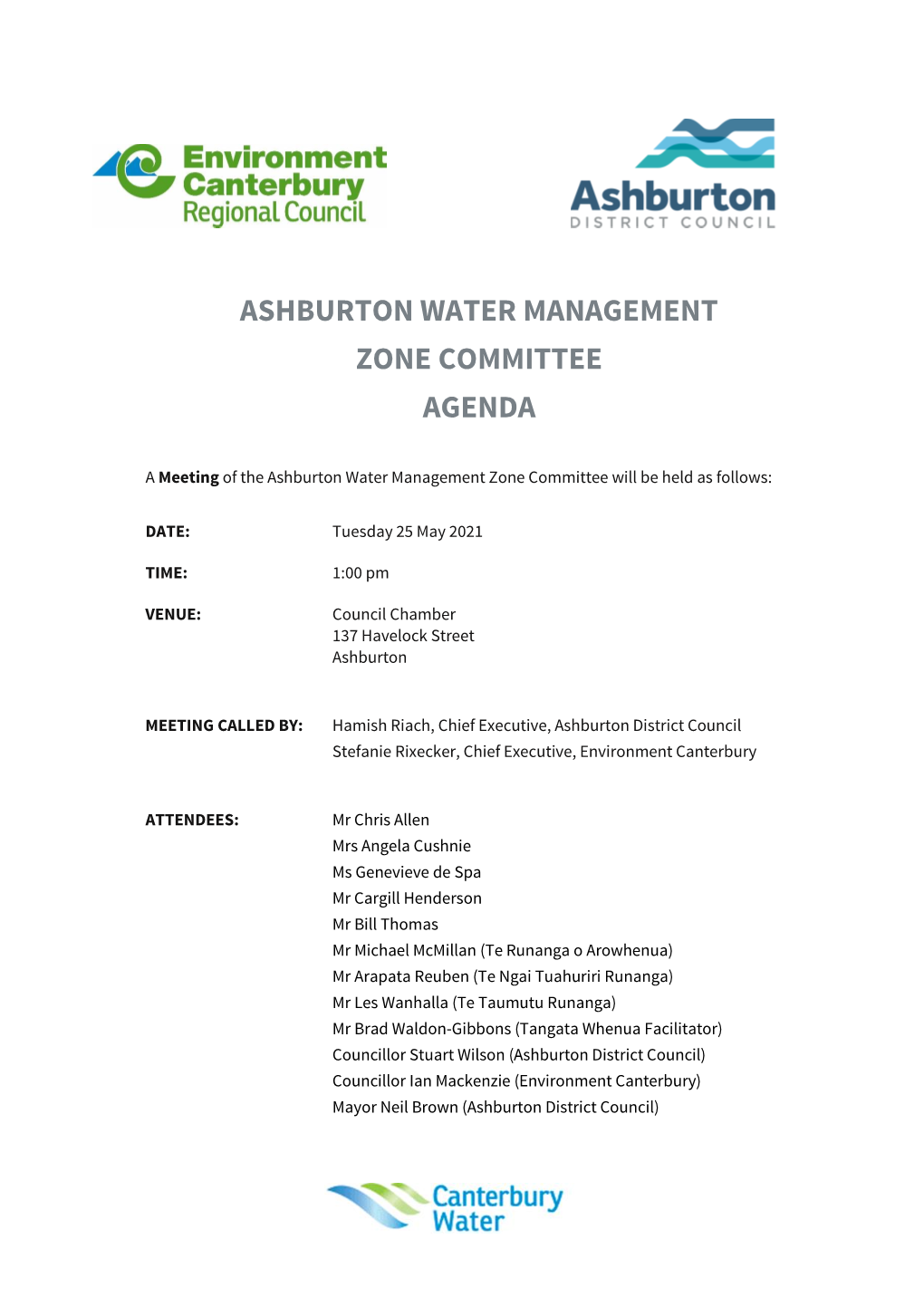 Ashburton Water Management Zone Committee Agenda