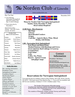 The Norden Club of Lincoln Our 71St Year December 2018  Next Meeting: Norwegian Smorgasbord