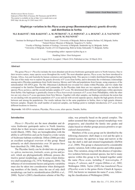 Haplotype Variation in the Physa Acuta Group (Basommatophora): Genetic Diversity and Distribution in Serbia M.J