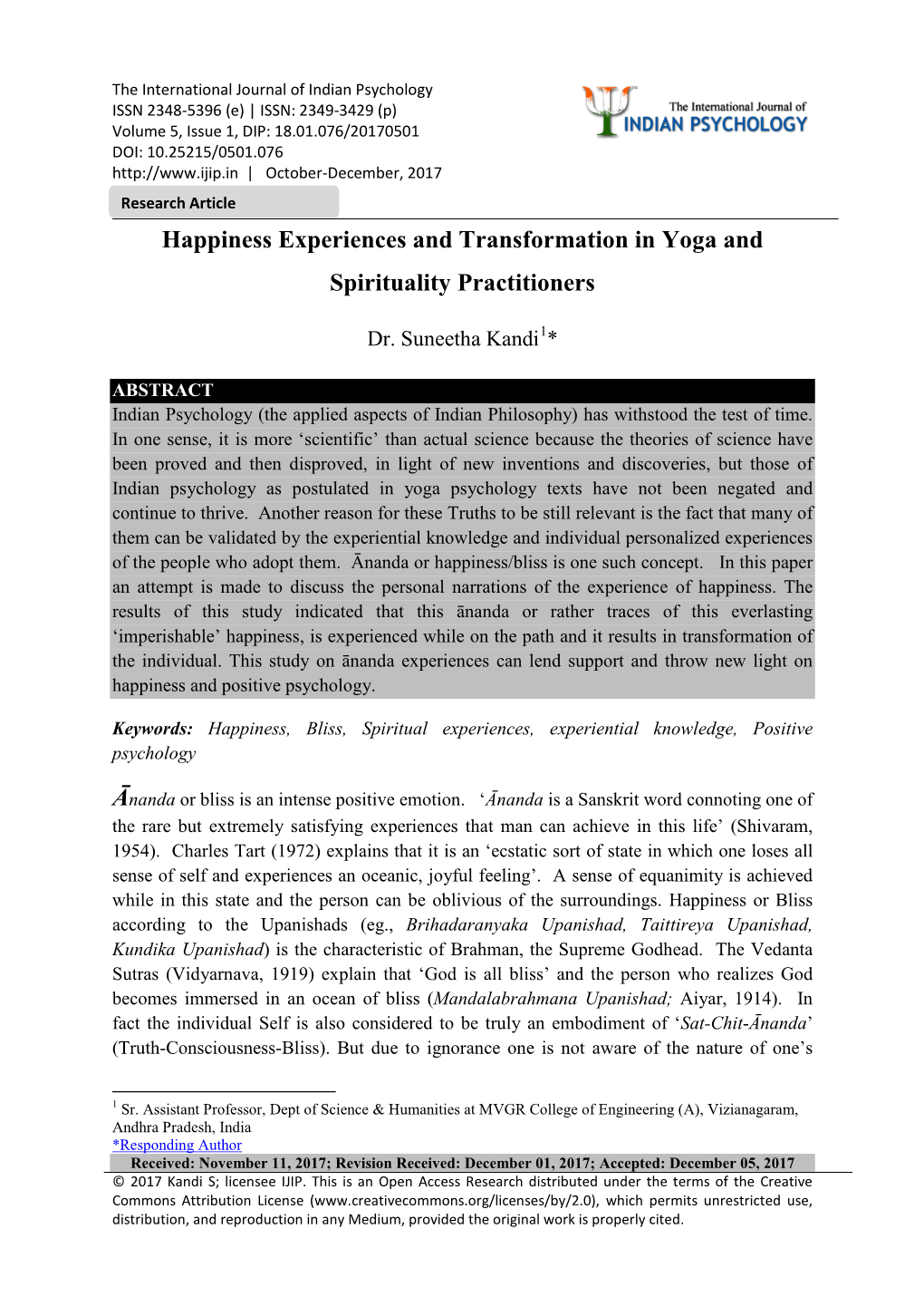 Happiness Experiences and Transformation in Yoga and Spirituality Practitioners