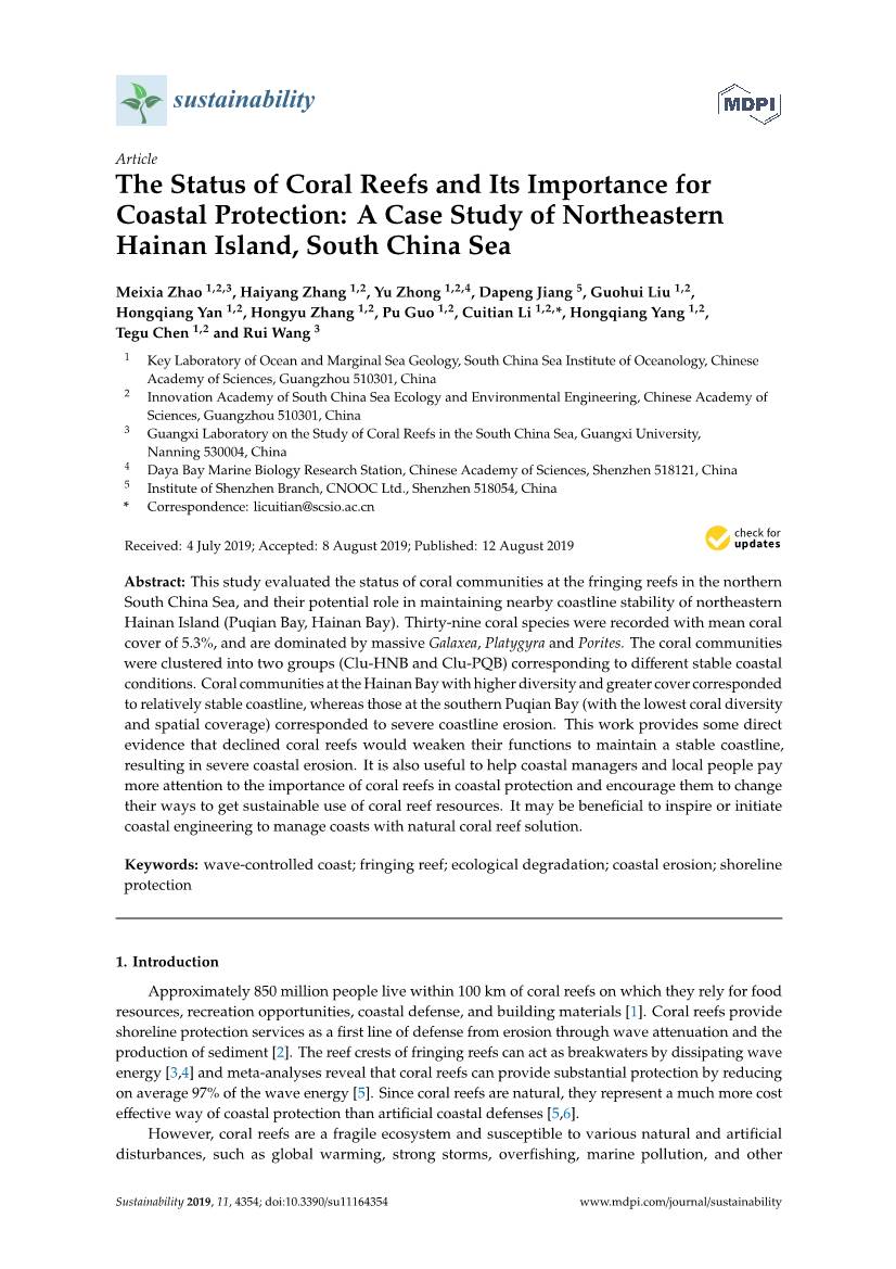 The Status of Coral Reefs and Its Importance for Coastal Protection: a Case Study of Northeastern Hainan Island, South China Sea