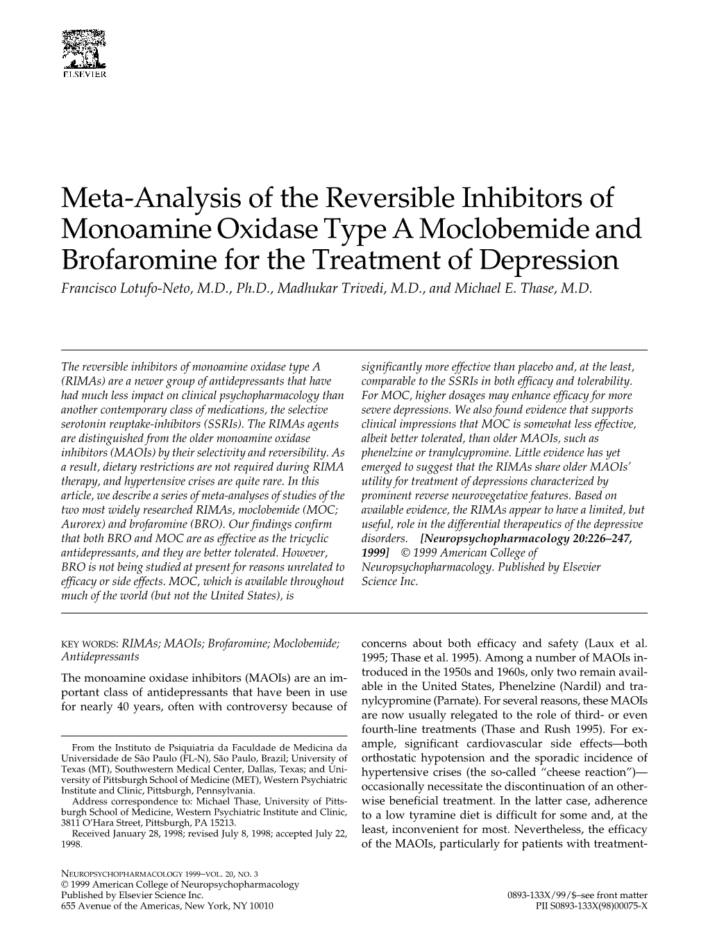 Meta-Analysis of the Reversible Inhibitors of Monoamine Oxidase