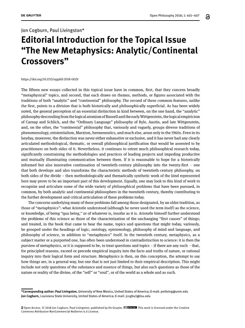 The New Metaphysics: Analytic/Continental Crossovers”