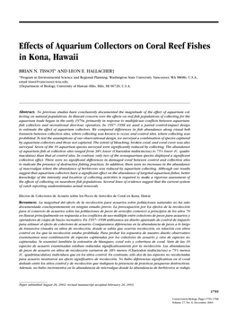 Effects of Aquarium Collectors on Coral Reef Fishes in Kona, Hawaii